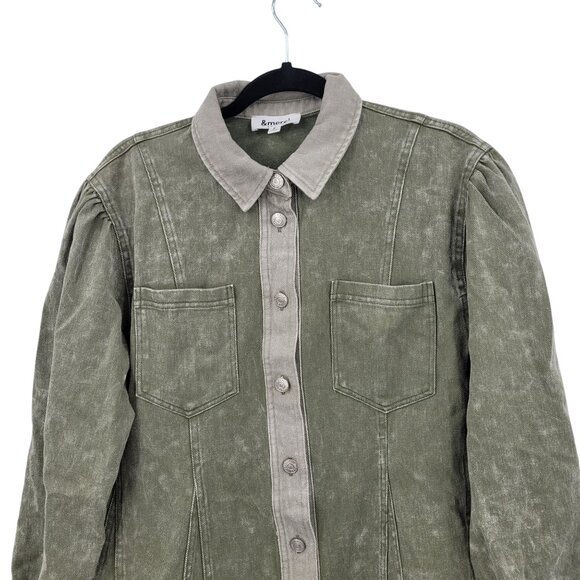 Army Green Washed Denim Button Front Mini Dress Sz S Puff Military Gorpcore - Picture 5 of 15